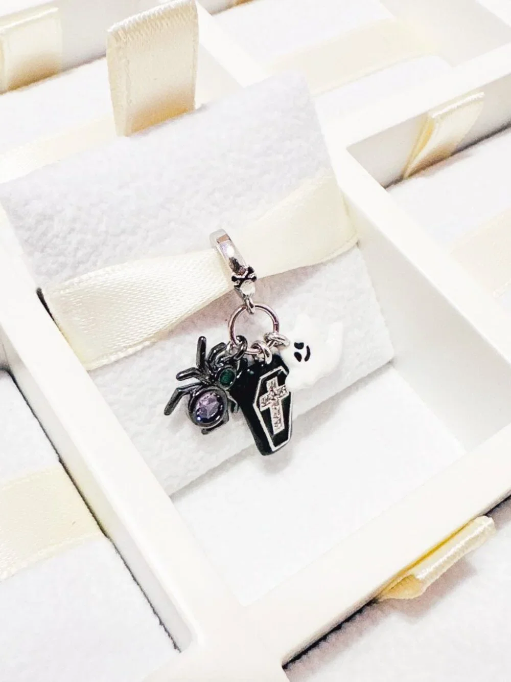 925 Sterling Silver Halloween Ghost, Spider And Coffin Dangle Charm Fits Pandora